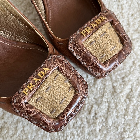 Vintage Prada 90s Logo Raffia Buckle Leather Slingback Sandals Heels Brown 35 5 - Picture 2 of 11